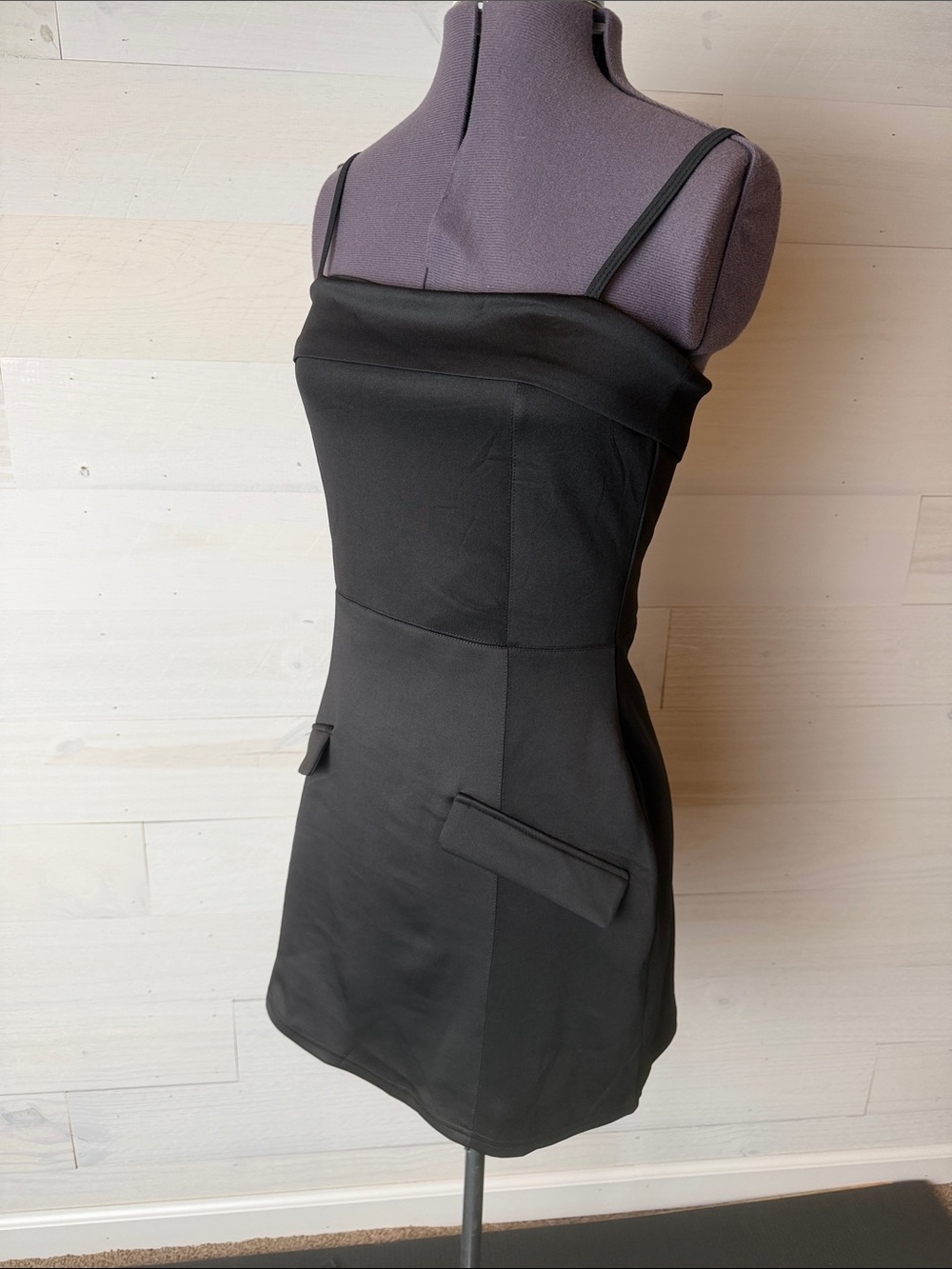 Black Off-Shoulder Mini Dress with Flap Faux Pockets